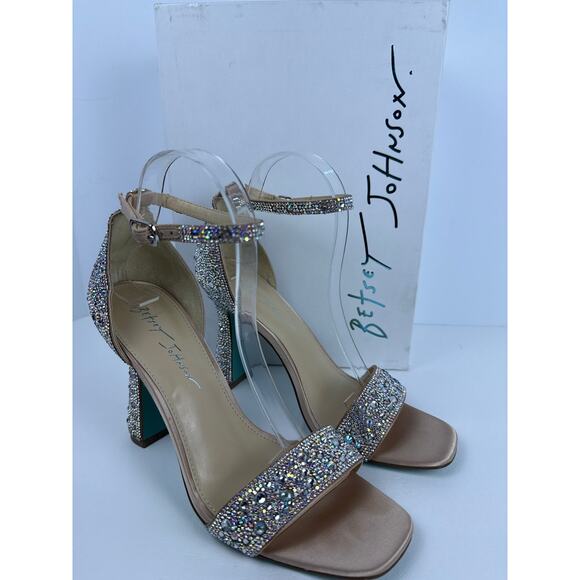 Betsey Johnson Dani Sandals Spool Heel Womens 8.5 M Shiny Rhinestones Buckle - Picture 11 of 11